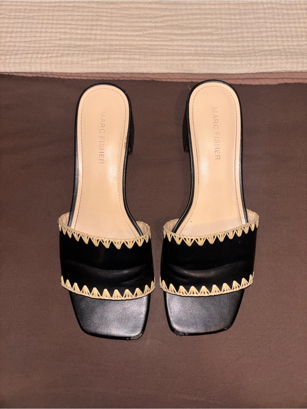 Marc Fisher Black Slide Mules with Cream Trim